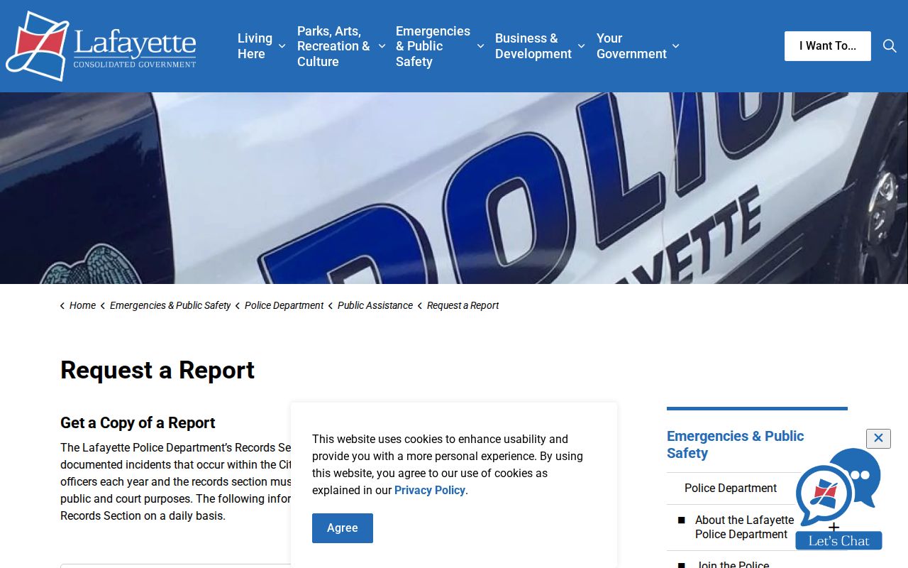 Lafayette criminal history police report request page